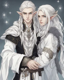 a young High Elf frost Wizard with long wiry hair, wearing a black trimmed white nobleman's robe and frost ornaments on clothes, with a small weasel on his shoulder