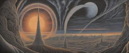 The painting is in alex gray style of Battle Of The Black Gate, the eye of sauron over the tower, aliens from the movie aliens in the sky and on the ground,