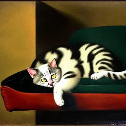 oil portrait of tricolor pattern Cat sleeping in a sofa by Velázquez 8k