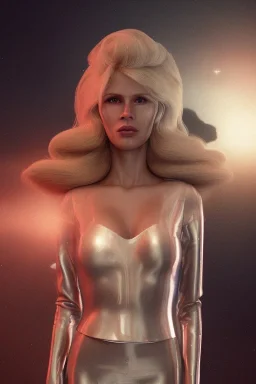 Ultra Realistic retro sci-fi scene, waist up view portrait, blonde woman, sweet young Claudia Schiffer face, perfect iris, glow eyes, makeup. Saturn background, Retro sci-fi style, helmet, tight latex coat, fog, rain, soft color, highly detailed, unreal engine 5, ray tracing, RTX, lumen lighting, ultra detail, volumetric lighting, 3d, finely drawn, high definition, high resolution.