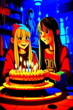 çizgi roman tarzıdoğum günü kutlayan 2 kız