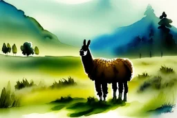 A happy llama stands in a pasture. Watercolour