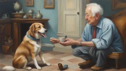 A hyper-realistic oil painting of a whimsical scene where a dog is engaged in deep conversation with an elderly man