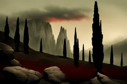 mountains, a gloomy rocky landscape, cypresses stretching up in the foreground, rocks and a bloody sky in the background