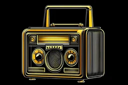 cartoon brown and yellow colored vintage radio. The background is pure black.