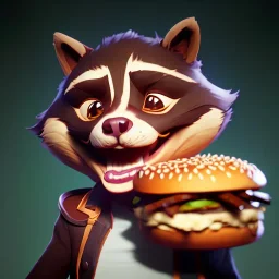 portrait of a anthropomorphic smiling raccoon holding a burger in its hands. unreal 5, octane render, cinema4d, soft lighting, soft lighting, 4k, redshift render, highly detailed, hyper realistic