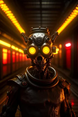 new york underground, a chat robot that stares at the camera like its the prettiest demon he has ever seen, its such a perfect day, motion blur, smoke, 8k, downlight, soft light, depth of field, photorealism, trending on art station, lotsa detail