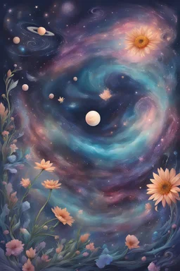 A spill art piece with a specific theme, such as a cosmic scene with galaxies and stars or a nature-inspired piece with flowers and foliage.