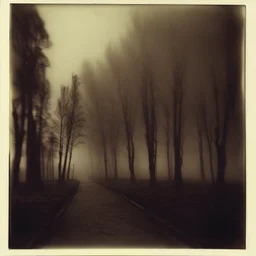 Dark street creepy fog colours strong texture artistic polaroid volumetric light tree nightmare Yves Tanguy