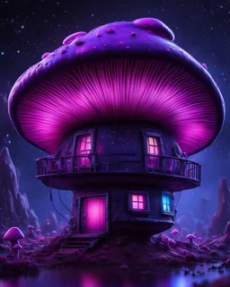 An illogical floating mushroom house on a clear moonless night. . Bright Bold Bright Colors, blue purple pink black, Starry Dark cosmic interstellar. Detailed Matte Painting, deep color, fantastical, intricate detail, splash screen, hyperdetailed, insane depth, concept art, 8k resolution, trending on Artstation, Unreal Engine 5, color depth, backlit, splash art, dramatic, High Quality Whimsical Fun Imaginative Bubbly, perfect composition