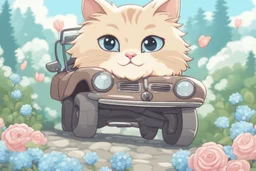 a cute proud chibi fluffy beige cat driving a car made of flower buds: roses, forget-me-nots, hydrangeaes on a cobblestone road in a forest next to a pond in sunshine