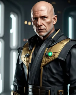 star wars bald male corellian pilot wearing dark gunmetal grey and black First Order special forces TIE pilot armored flightsuit and helmet with gold trim inside the jedi temple, centered head and shoulders portrait, hyperdetailed, dynamic lighting, hyperdetailed background, 8k resolution, volumetric lighting, light skin, fully symmetric details