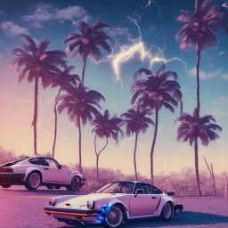 1980's aesthetic vaporwave palm trees and spheres and Porsche with lightning