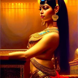 Drawing of beautiful face,busty 'cleopatra',throne,hieroglyphics,balanciaga fashion clothe painting by gaston bussiere, greg rutkowski, yoji shinkawa, yoshitaka amano, tsutomu nihei, donato giancola, tim hildebrandt, oil on canvas, cinematic composition, extreme detail,fit full head inside picture,16k