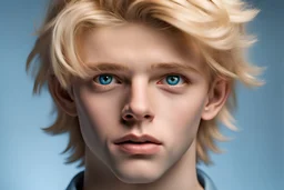 Hyperrealistisch 16jähriger schlanker effeminierter blonder Junge mit hellblauen Augen, das Haar mit Gel nach hinten gekämmt, Zigarette lässig im Mund