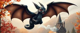 portrait of a shiny black dragon squirrel in autumn, flying above wooden castle, breathing smoke, book cover illustration, with metallic wing border