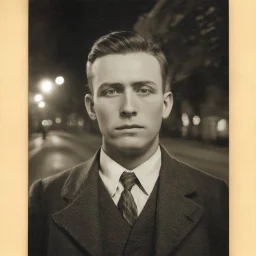 very grainy discolored modent photo, closeup portrait, dark night street, grunge, male with chalk-white skin, 1910's gentleman