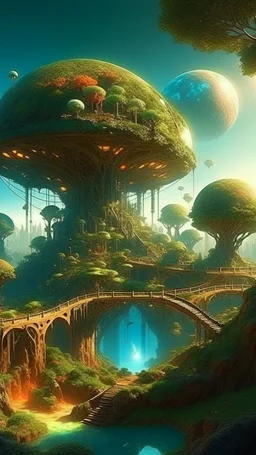 sci fi planet, beautiful, stunning, tree city, magical, fantasy