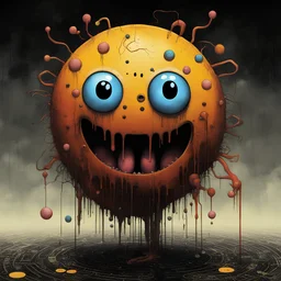 sinister surreal horror Pac-man avatar with eyes clamped open like in Clockwork Orange forcing it to watch scary videos of pac-man ghosts while being pumped full of nausea-inducing chemicals, horrible frowny expression, color ink illustration, horror, surreal, gritty by Chris Friel and Zdzislaw Beksinski