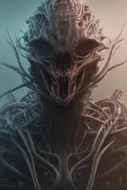 evil predator with crown, alien, brutal face, tron, head, burn eyes, 8k, finely detailed, dark light, photo realistic, hr giger, cyberpunk