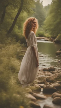 a very beautiful lady curly hair, walks in the forest with a narrow river with clean water and nice rocks on floor. The trees and wild flowers .