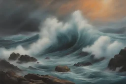 Romantic painting of a stormy sea, with dramatic lighting and powerful waves. Use the colours teal, blue, black, navy, grey, red and orange for highlights. Include a cliff face.