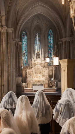 7 sisters wearing lace veil praying in church.cinematic.