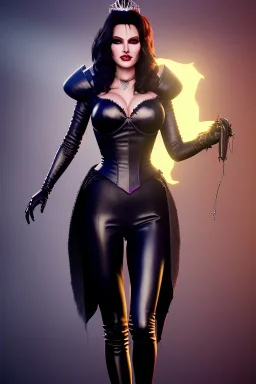 painting of lisa ann as evil queen in black leather pants, , leather, angry, stern look, volumetric lighting, particales,highly detailed,cinematic, deep colours,8, highly detailed, digital painting, artstation, concept art, smooth, sharp focus,