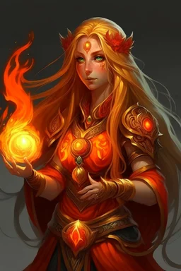 Female eladrin druid with fire abilities. Fire textured long golden hair. Big red eyes with touch of fire .