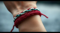 very close-up macro photo of a bracelet made of red, white, green yarn on a woman's wrist, detailed, sharp contrasts, realistic, cinematic, blur background