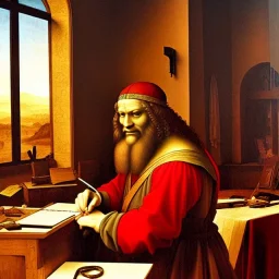 leonardo da vinci works in his study on a laptop at his desk. painting in photoshop. hyperdetailed, warm colors, movie poster, photoillustration, oil on canvas, lens flare