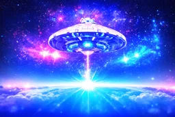 a cosmic beautiful DISH SPACESHIP made of crystals and light is flyng INA MAGIC BRIGHT SKY OF A GALAXY. IT IS PASSED BY A VERTICAL SHINE FROM TOP TO BOTTOM. IT'S FLYNG ON A FAIRY Landscape