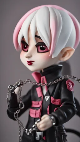 A close picture to blind vampire with white and pink short hair, slave, Tusks, malicious smile, Handcuffs, Weapon handcuffs in Stop-motion animation model with dynamic art style witg