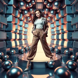 make a picture pretty stage made of metallic cyan-gray teme 3d fractal recursive cubic and sphere base structures and a beautiful fashion model lady posing with cute,with baggy style pants with a tight shirt and jacket,silver high heels ,makeup curvy long hair,dynamic camera zoom to full body and pan, dynamic lights.