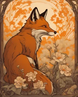 fox and flowers, art noveau inspired, art, Alphonse Mucha, painting, halloween themed