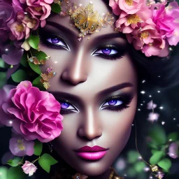 black skin fairy, beautiful portrait, flowery landscape