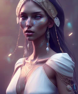 Gipsy, beautiful, curvy body, white fabric dress, beautiful long hair, bandana, long earings, head and shoulders portrait, holding tarot card, 8k resolution concept art portrait by Greg Rutkowski, Unreal Engine 5 volumetric lighting