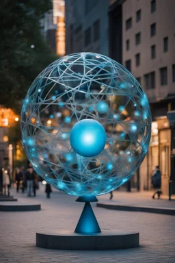 статуя на улице, Шар как атом/молекула: Сделать поверхность шара похожей на модель атома или молекулы, используя геометрические формы, светящиеся элементы или проекцию.