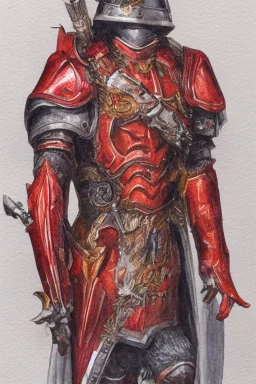 dnd, fantasy, watercolour, illustration, portrait, red phantom, knight, red plate armour, all red, transparent, veins of golden light in the armour
