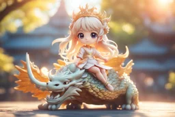 a cute anime chibi princess sitting on a wild chinese dragon and dynamically riding it in sunshine, cinematic postprocessing, bokeh, dof