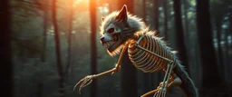 radiant Werewolf Skeleton with lotsa fluffy fur, motion blur background dark forest