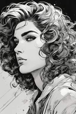 Line art illustration of a girl, with highly detailed hair and facial features in the comic book art style of Bill Sienkiewicz and Frank Miller, 4k, bold and detailed inking and shading