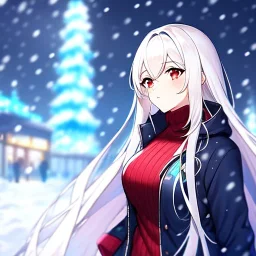 Clear focus, 8k, high quality, detailed, beautiful lighting, girl, vibrant colors, white long hair, vibrant red eyes, jacket, snowing,