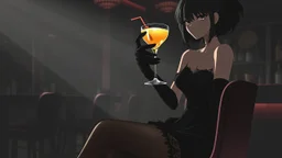 gray-toned, contrasting graphics, a lady in a black casual dress, black lace nice nylon stockings sitting on a bar chair in bar, holding a yellow mimosa cocktail in her long black gloved hand, atmospheric, strong contrasts, shadowy background, focus on the hand holding the cocktail, moody, pale ligts, anime style, cinematic