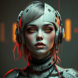 a pretty girl, cybernetic, retro futuristic, aged, damaged, stylised, digital art