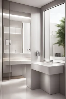 "a sleek and minimalist bathroom design, showcasing a wall-mounted automatic soap dispenser and a stylish contemporary wash basin cabin, inspired by the clean lines of modern architecture, captured with a high-resolution camera, emphasizing the sharp edges and smooth surfaces, minimalist color palette with hints of chrome accents, architectural photography, wide-angle lens to capture the full space, interior design"