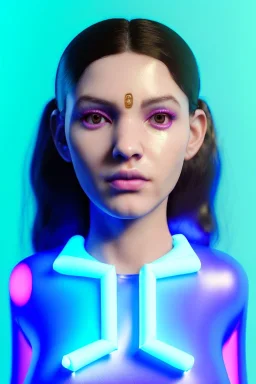 Ultra Realistic image, Rosalía artist, casual portrait, normal complexion, natural small busty, two bows, little chopsticks hair ,black eye long liner, sweet face, latex t-shirt, inflatable open coat, gold pink and blue style, spray line glow, geometric led jewelry, fog, hot, inflatable style latex coat, vibrant color, highly detailed, art stations, concept art, smooth, unreal engine 5, god rays, ray tracing, RTX, lumen lighting, ultra detail, volumetric lighting, 3d, finely drawn.