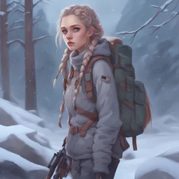 survival; digital art; teenager; female; cute; pretty; ashen hair; braids; mismatched eyes; two eye colors; heterochromia iridum eyes; soft details; soft light; winter clothes; mismatched clothes; backpack; scouting; rifle;