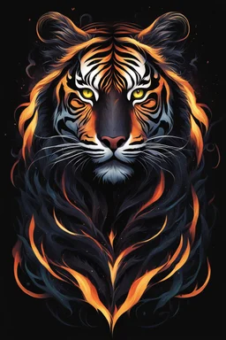 Captivating minimalist illustration of cosmic tiger, made up of intricately intertwined black flames. Her intense, bright eyes draw the viewer into her mesmerizing gaze, the pulsing energy of each flame creating a euphoric symphony within the heart. Dark background,the bright striped tail adds depth and dimension to the scene,evoking a feeling of dark fantasy, intriguing and mysterious aura. Vector pop art cinematic piece masterfully combines light and shadow, leaving the viewer in awe.Full body