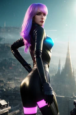 Futuristic fantasy assassin, portrait from waist up, physically fit, latex and leather attire, blue eyes, pastel hair, intricate eyeliner, vibrant eyeshadow, clear completion, soft lighting, 4k resolution, intricate details, insanely detailed, colorful cityscape background, masterpiece, expert, cinematic smooth, retroanime style, realistic details, no helmet